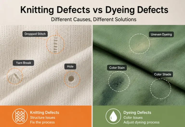 Knitting defects vs dyeing defects showing dropped stitches, yarn breaks, uneven dyeing, color stains and shade variation