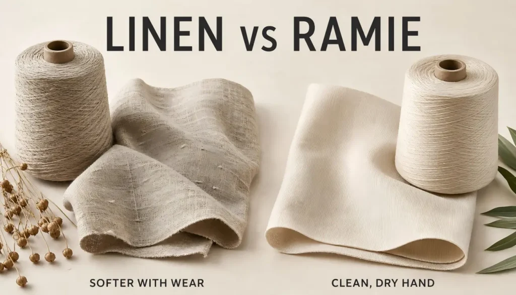 Linen vs ramie yarn and fabric comparison showing relaxed linen texture and a clean, dry ramie hand