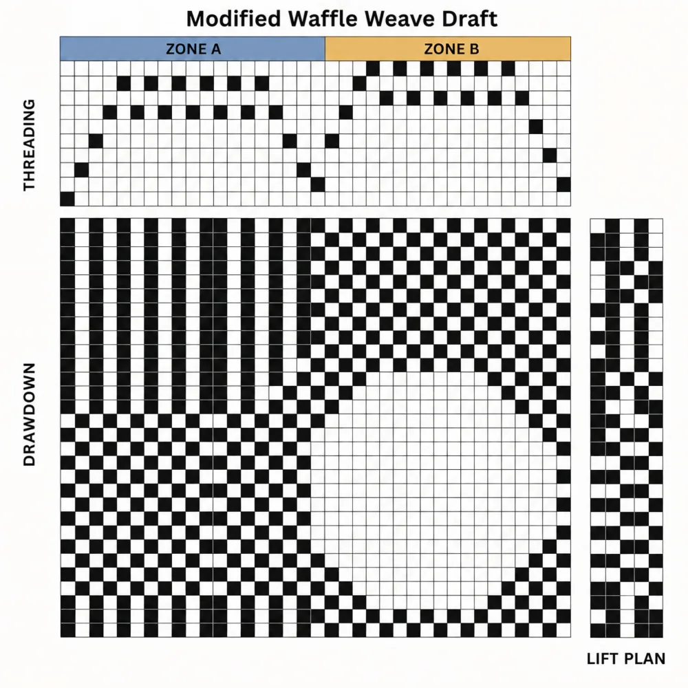 Modified cotton waffle weave draft with Zone A and Zone B