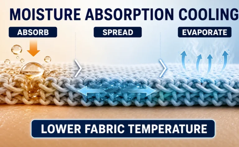 Moisture absorption cooling process showing fabric absorbing and spreading sweat before evaporation lowers fabric temperature