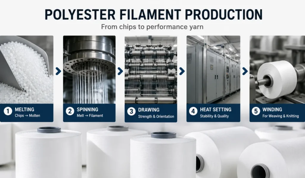 Polyester filament production from PET chip melting to spinning, drawing, heat setting and winding