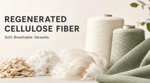 Regenerated cellulose fiber shown as wood pulp, loose fiber, yarn cones and knitted fabric