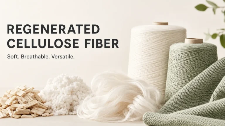 Regenerated cellulose fiber shown as wood pulp, loose fiber, yarn cones and knitted fabric