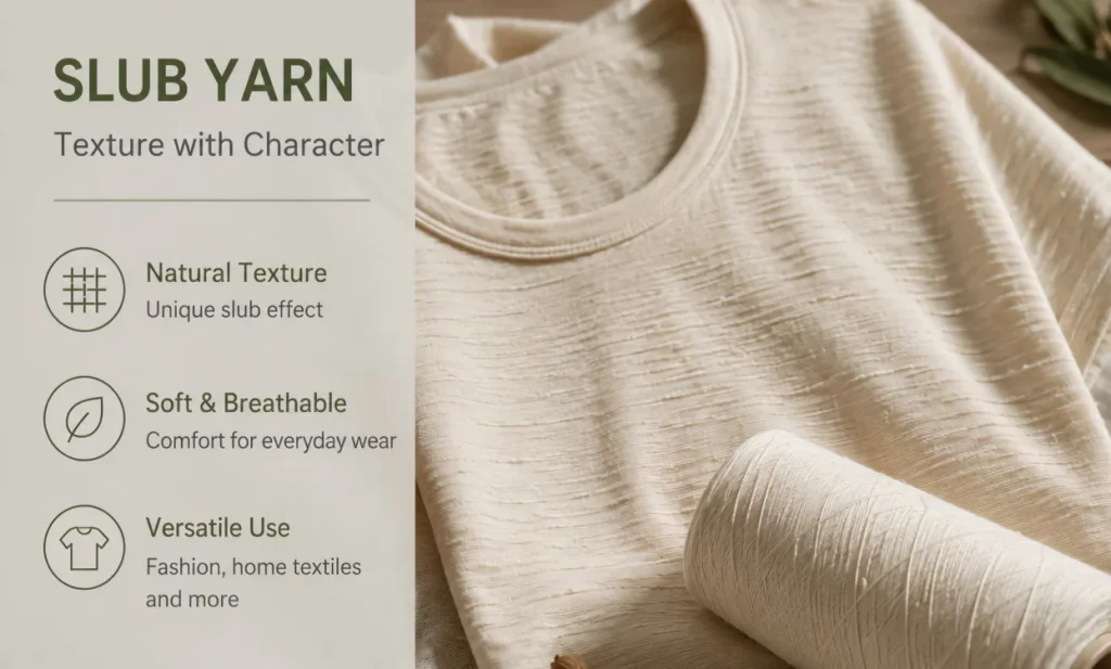 Slub yarn cone and textured cream T-shirt showing the natural slub effect