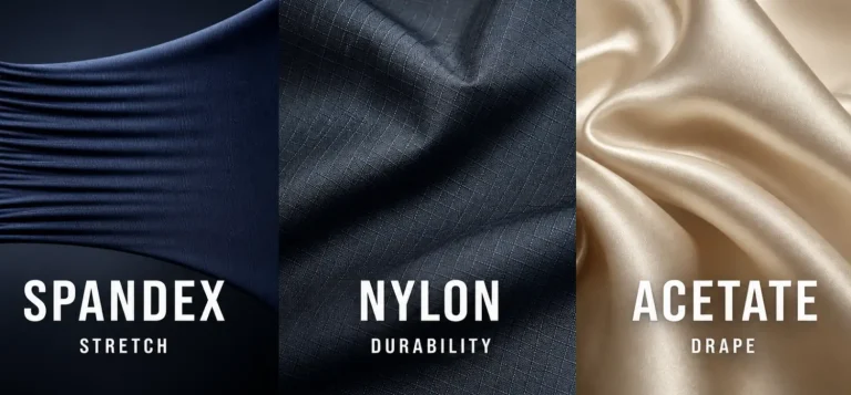 Spandex, nylon and acetate fabrics showing stretch, durability and drape