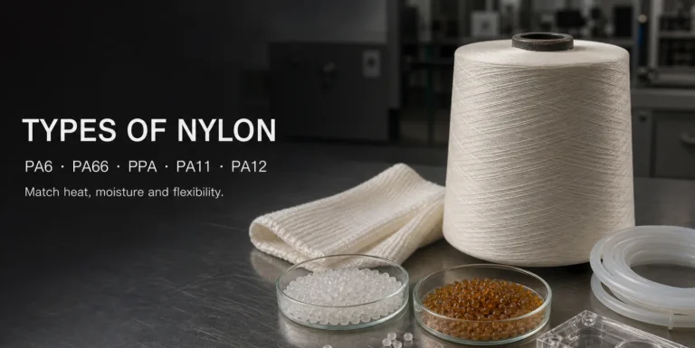 Types of nylon including PA6, PA66, PPA, PA11 and PA12 shown with nylon yarn, pellets and tubing