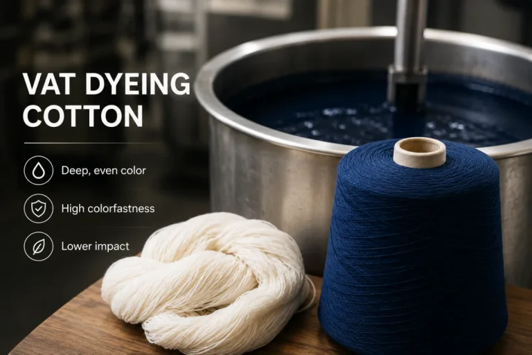 Vat dyeing cotton yarn beside a blue dye bath and finished dark-blue cone yarn