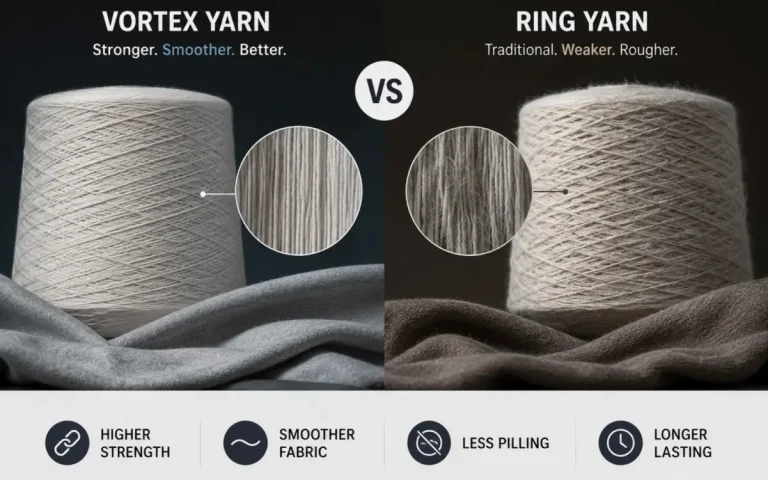 Vortex yarn vs ring yarn surface comparison showing smoother vortex yarn and hairier ring yarn