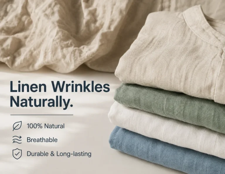 Folded pure linen garments with natural wrinkles, breathable texture and durable fabric construction
