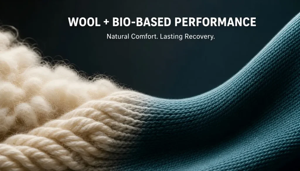Wool and bio-based performance fibers transitioning into a shape-retaining knitted fabric