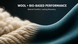 Wool and bio-based performance fibers transitioning into a shape-retaining knitted fabric