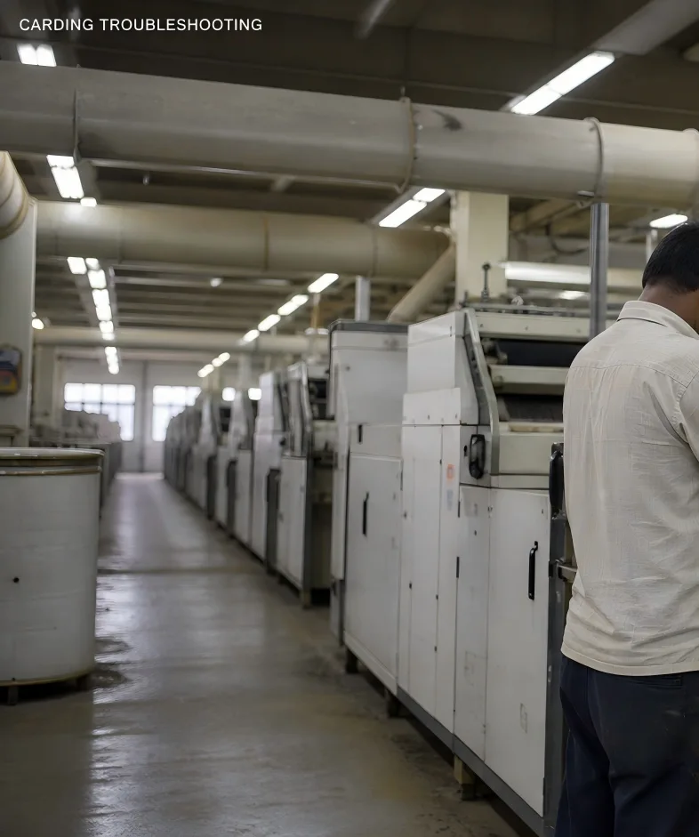 Technician checking a blowroom carding line in a cotton spinning mill