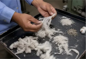 Technician inspecting carding taker-in waste for usable fiber, short lint and trash