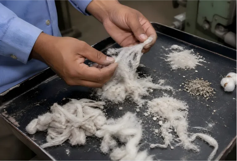 Technician inspecting carding taker-in waste for usable fiber, short lint and trash
