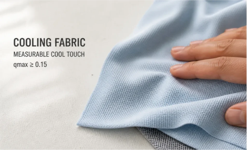 Hand touching light blue cooling fabric with a qmax threshold of 0.15