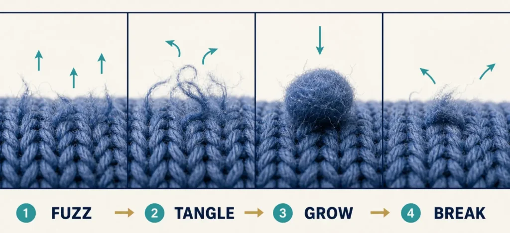 Four stages of fabric pilling: fuzz formation, fiber entanglement, pill growth and pill wear-off