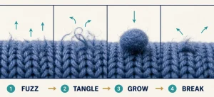 Four stages of fabric pilling: fuzz formation, fiber entanglement, pill growth and pill wear-off