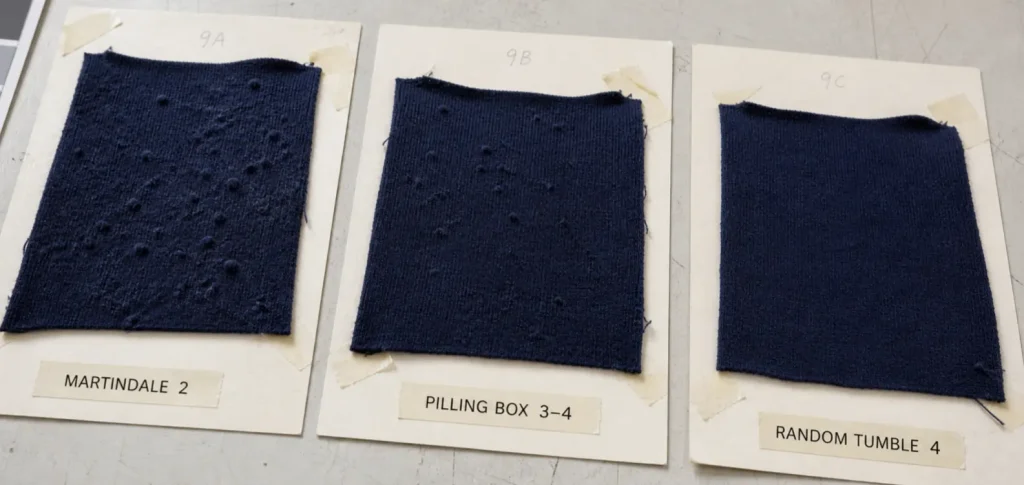 Same knitted fabric rated grade 2 by Martindale, 3–4 by pilling box and 4 by random tumble