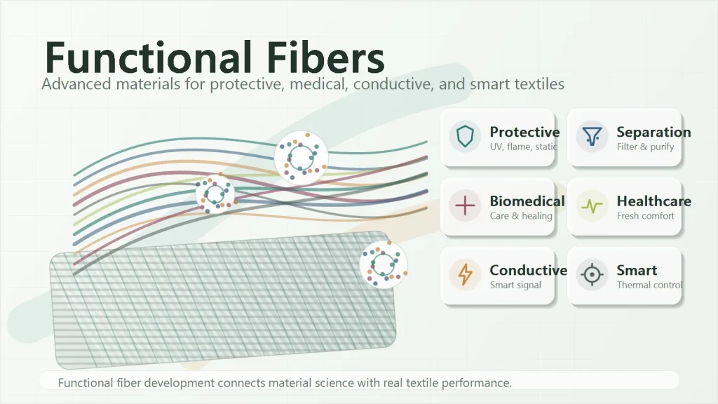 Functional fibers for protective, medical, conductive, and smart textile applications.