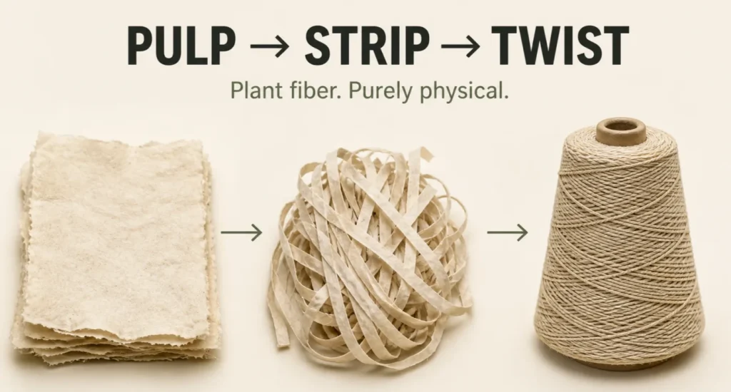 Paper yarn production from plant-fiber pulp sheets to narrow strips and twisted yarn