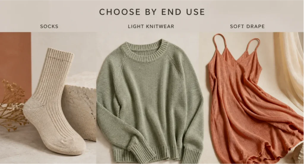 Knitted linen fabric end uses shown as socks, light knitwear, and soft drape apparel