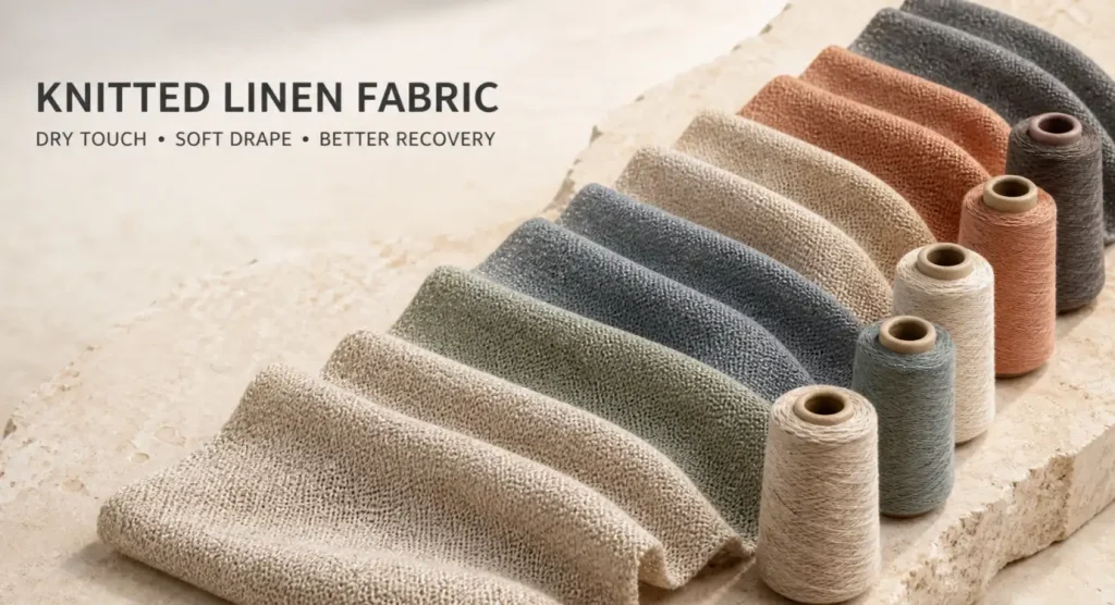 Knitted linen fabric swatches and yarn cones showing dry touch, soft drape, and recovery