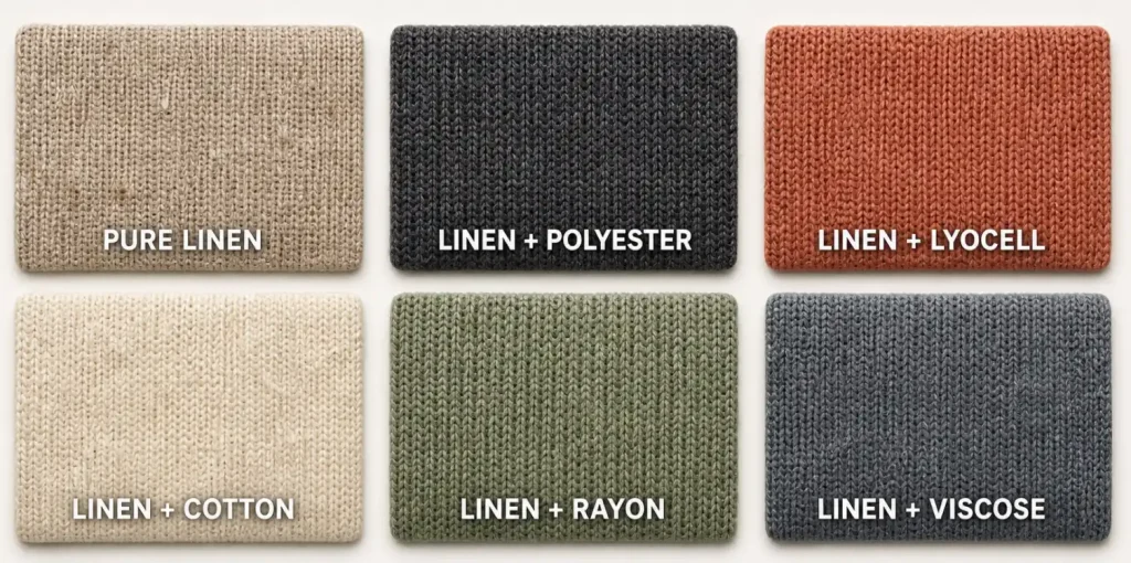 Six knitted linen fabric blend swatches labeled pure linen, polyester, lyocell, cotton, rayon, and viscose
