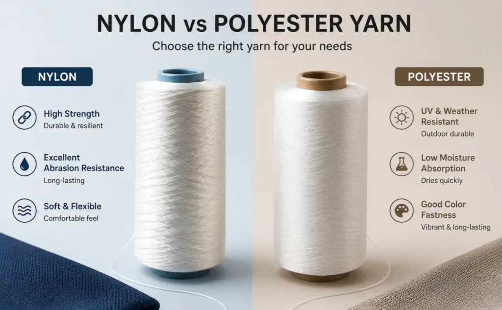 Nylon vs polyester yarn comparison: nylon for strength, abrasion and flexibility; polyester for UV resistance, low moisture and colorfastness.
