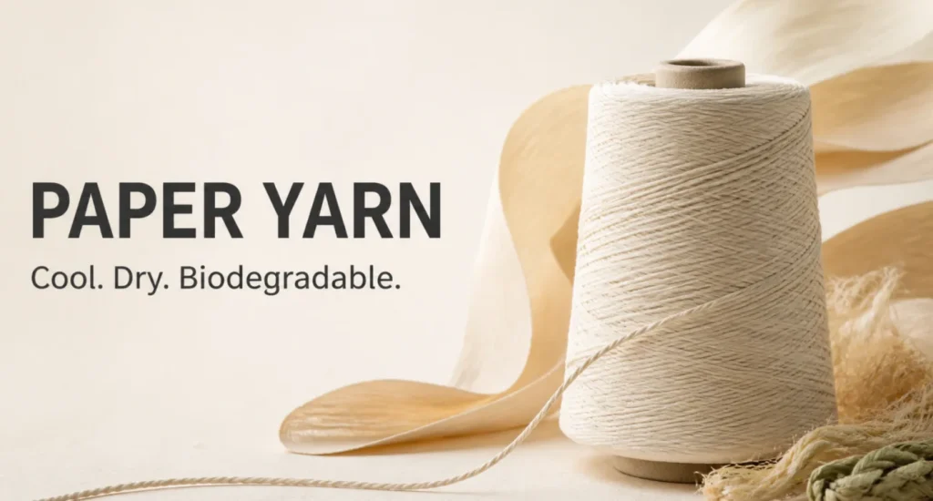 Natural paper yarn cone beside thin plant-fiber paper strips