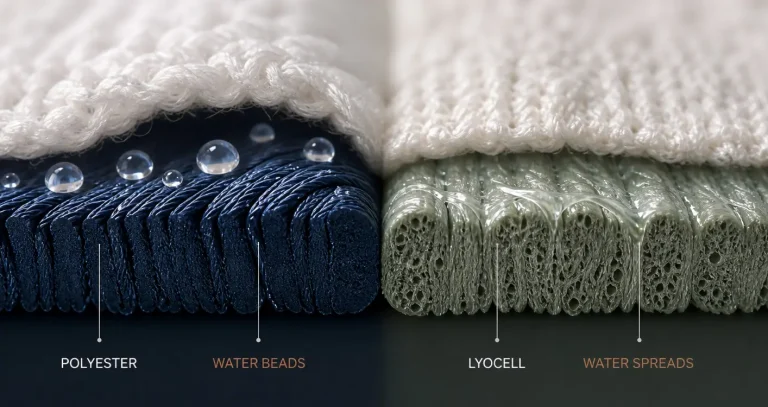 Water beads on polyester yarn and spreads through lyocell yarn