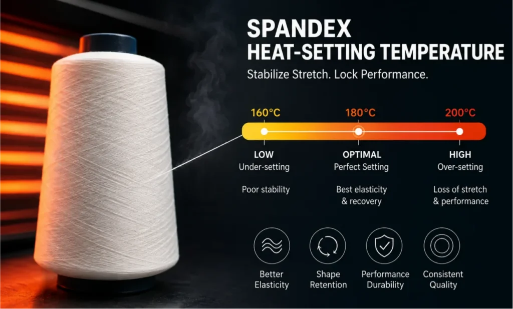 Spandex heat-setting temperature range showing under-setting, recovery control and over-setting risk